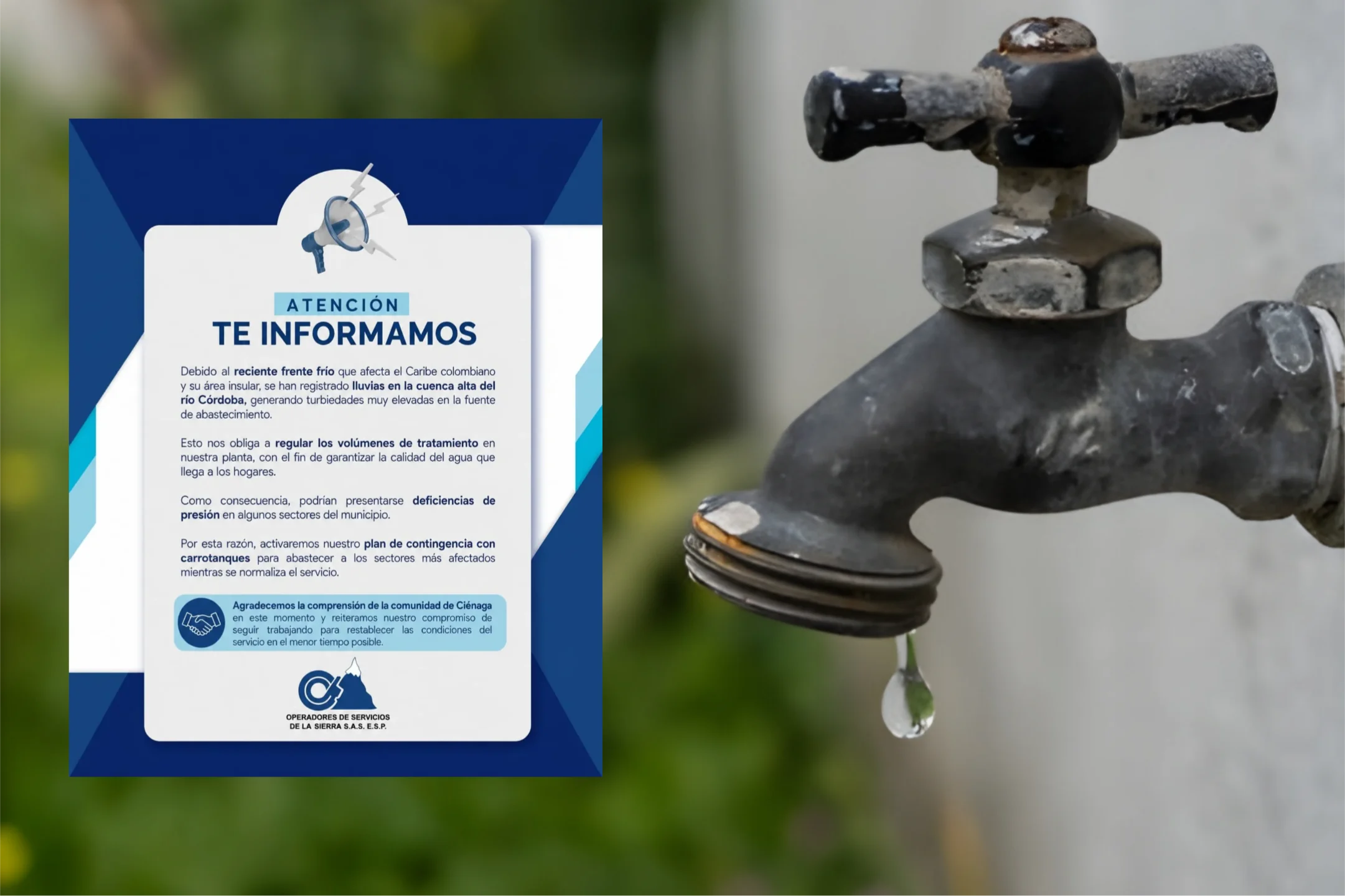 Lluvias obligan a regular tratamiento de agua en Ciénaga: Operadores de la Sierra anuncia baja presión en varios sectores