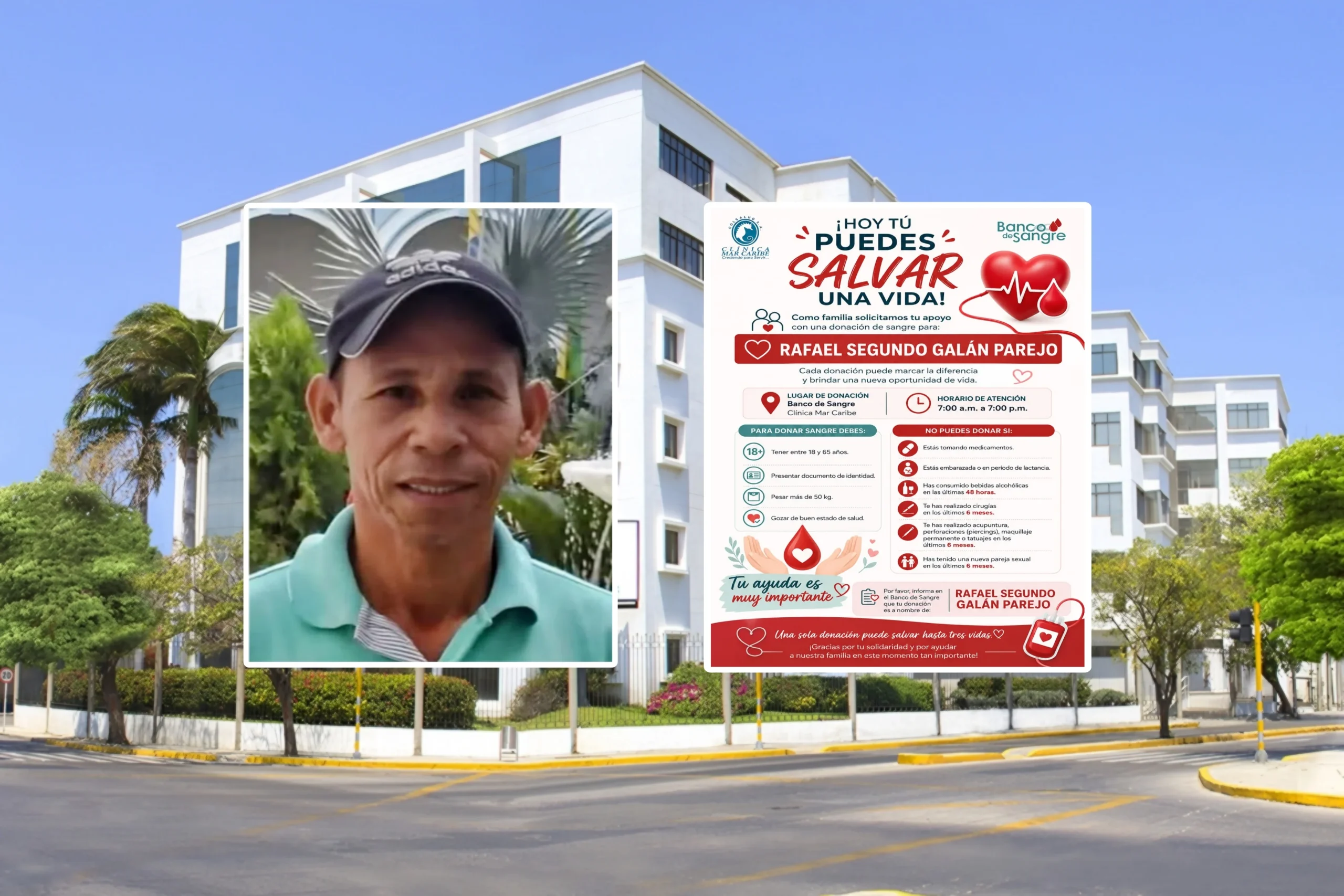 Banco de Sangre de la Clínica Mar Caribe, donde se realiza la campaña de donación para Rafael Segundo Galán Parejo