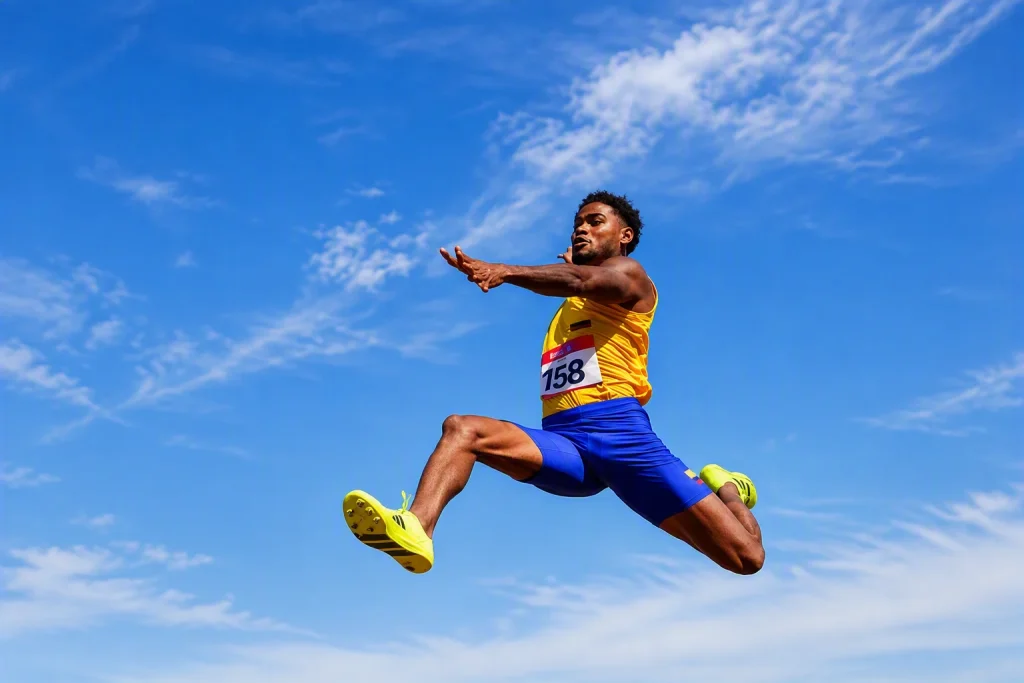 El atleta cienaguero Arnovis Dalmero celebrando la medalla de oro en salto largo en los Juegos Suramericanos Santa Fe 2026