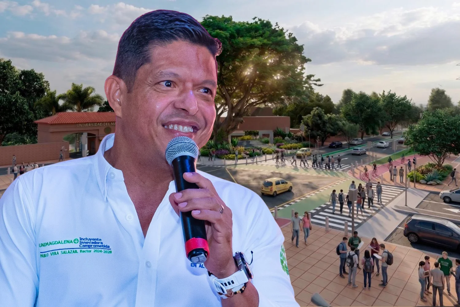 Pablo Vera Salazar Rector UNIMAGDALENA Entrada principal de la Universidad del Magdalena, en el sector donde se proyecta la vía "Camino al Río"
