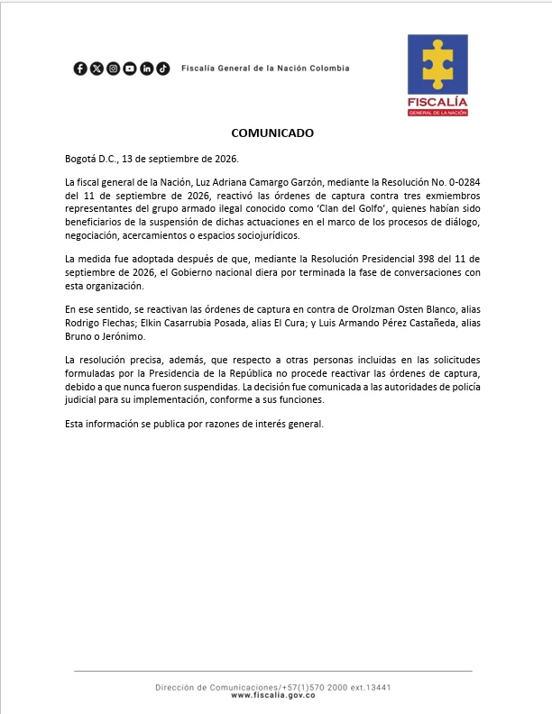 Fiscalía reactiva capturas de exrepresentantes del Clan del Golfo