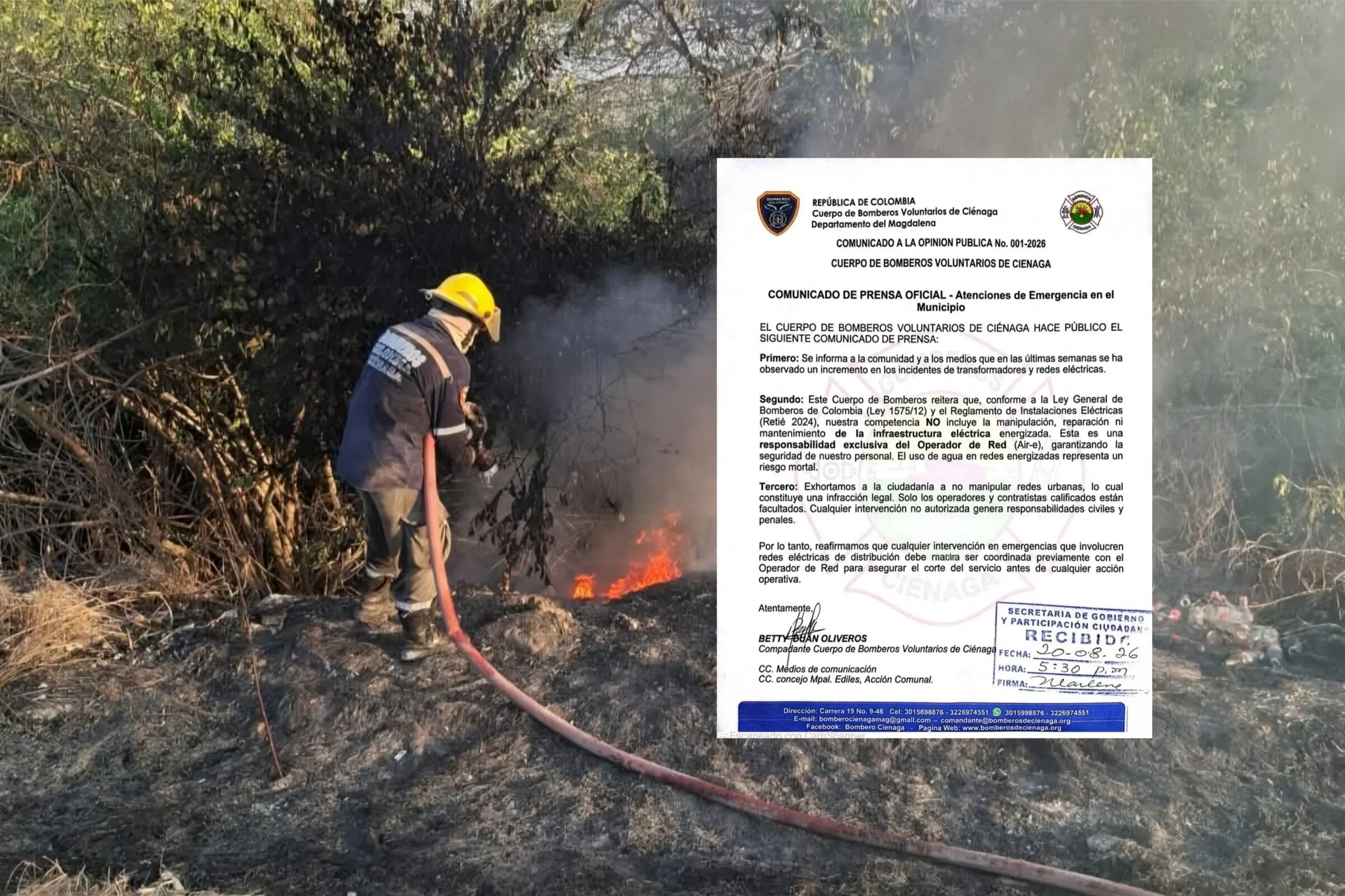Bomberos de Ciénaga aclaran que las redes eléctricas energizadas son responsabilidad de Air-e